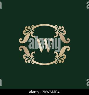 Letter W Alphabet Logo with Luxury Decorative Golden Frame. Elegant Curl Floral Ornament. Stock Vector