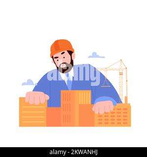 House construction concept. Male engineer in a hard hat builds buildings using crane. Worker at industry site, web banner. Flat vector illustration Stock Vector