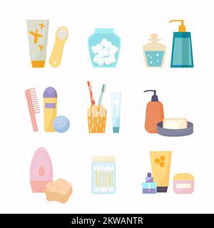 Bath accessories set. Bathroom cartoon flat elements of personal hygiene and everyday body care. Bath collection with soap, comb, toothbrush, cream, s Stock Vector