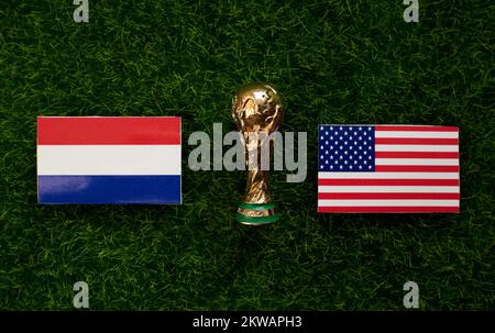November 30, 2022, Doha, Qatar, Flags of the participants of the 1/8 finals of the FIFA World Cup between the national teams of the Netherlands and th Stock Photo