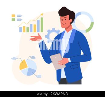 Business concept of statistical and data analysis for finance investment. Man studying the infographic and graphs on the dashboard Stock Vector