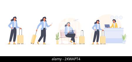 Business woman having a business trip set. Female character walking with a suitcase and tickets, working at the laptop, talking on their phone at the Stock Vector