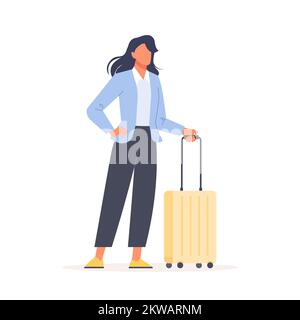 Woman standing with a suitcase. Business people having a business trip. Female character in business travel with a luggage. Flat vector illustration Stock Vector