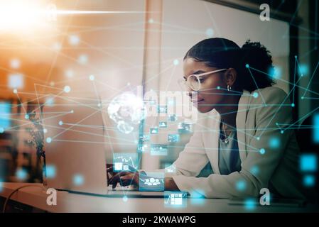 Business woman, AI and laptop with hologram, UX and networking for forex trading icon in office using virtual platform. Female using global technology Stock Photo