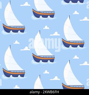 Seamless pattern with cartoon sailing boats on waves and clouds on blue background. Marine pattern for fabric, children's clothing, background, textil Stock Vector