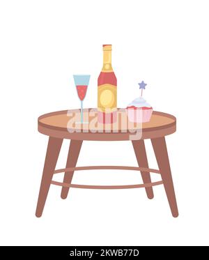 Champagne and cupcake on small table semi flat color vector objects Stock Vector