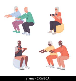 Exercising for elderly semi flat color vector characters set Stock Vector