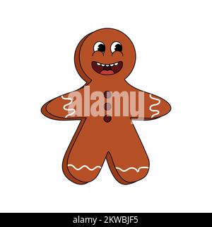 Gingerbread man Cartoon funny retro comic Christmas character, gloved hands Stock Vector