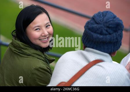 College life is awesome. High angle shot of two students sitting on campus. Stock Photo
