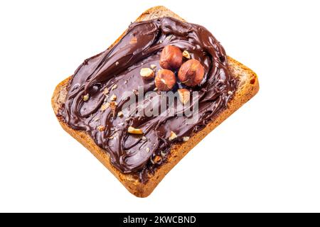 Bread with chocolate hazelnuts paste cream isolated on white background. Sandwiches with chocolate nut topping Stock Photo