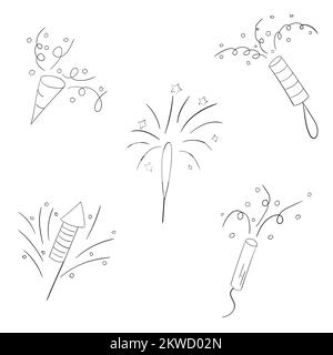 A set of fireworks with a thin line. vector illustration of a doodle Stock Vector