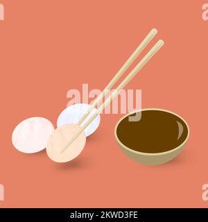 Colored Mochi rice balls with chopsticks and soy sauce on a red background. Vector image. Stock Vector