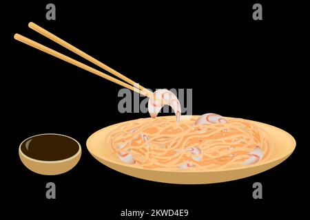 Wok noodles with shrimps in a bamboo plate with chopsticks and soy sauce on a black background. Vector image. Stock Vector