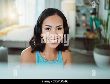 Call center, customer service and sales support with a female agent or representative wearing a headset and remote working from home. Portrait of a Stock Photo