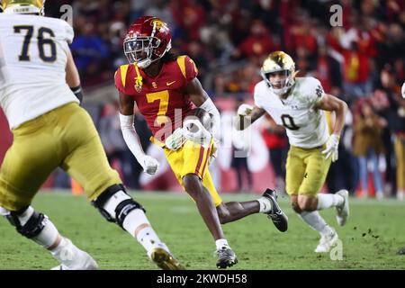 USC Trojans safety Calen Bullock (7) returns an interception during an NCAA Football game against the Notre Dame Fighting Irish, Saturday, Nov. 26, 2022, in Los Angeles. USC defeated Notre Dame 38-27. (Kevin Terrell/Image of Sport) Stock Photo