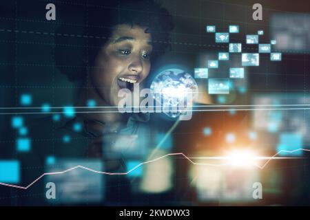 Global telecommunication overlay, futuristic iot hologram and a 5g digital network communication network system. Woman wow, future information Stock Photo