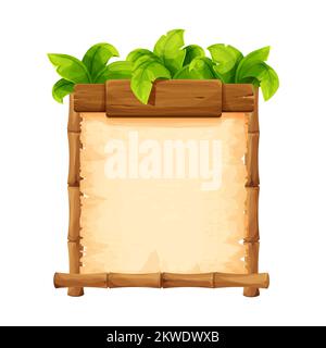 Tropical bamboo frame with wooden detail and parchment paper decorated with jungle palm leaves in cartoon style isolated on white background. Vector illustration Stock Vector