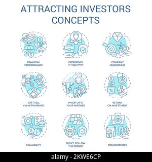 Attracting investors concept turquoise icons set Stock Vector