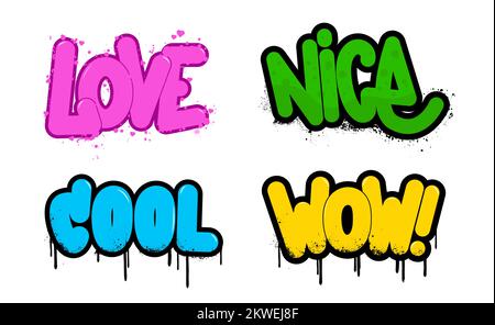 Cartoon graffiti, simple words - Love, Nice, Wow, Cool with spray effect Stock Vector