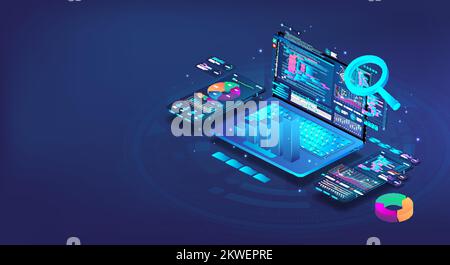 3D Data analytics on different devices phone or laptop in isometry Stock Vector