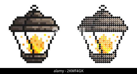 Pixel icon. Street light with burning candles inside. Vintage style. Night romance of the big city. Simple retro game vector isolated on white backgro Stock Vector
