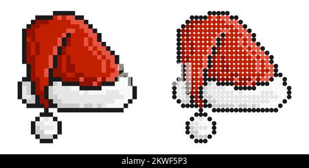 Pixel icon. Christmas cap, santa claus red hat. Clothes for New Year carnivals. Festive fancy dress. Simple retro game vector isolated on white backgr Stock Vector