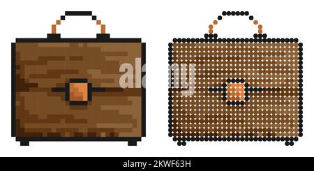 Pixel icon. Briefcase, suitcase of businessman for carrying business documents. Storage of important information, archive. Simple retro game vector is Stock Vector