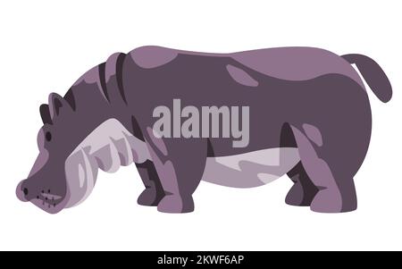 Hippo hippopotamus amphibius big grey african animal illustration in flat cartoon style Stock Vector