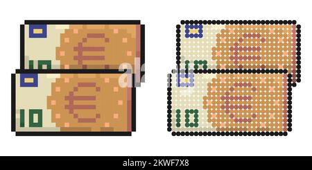 Pixel icon. Bundle of euro bills. Saving money and using cash. Simple retro game vector isolated on white background Stock Vector
