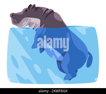 Hippo hippopotamus swim in water big grey african animal illustration in flat cartoon style Stock Vector