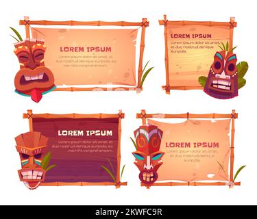 Bamboo frames with tiki masks. Vector cartoon set of beach sign boards with bamboo sticks, old canvas or paper, tropical leaves and wooden hawaiian tribal totems Stock Vector
