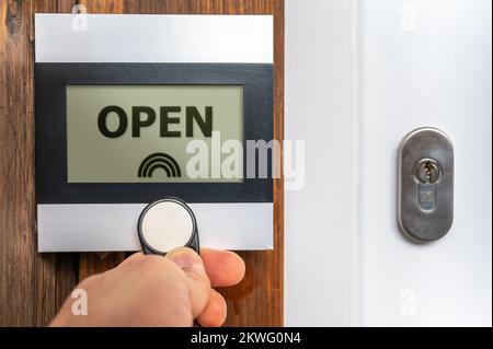 Modern lock on a front door with display and chip for opening Stock Photo