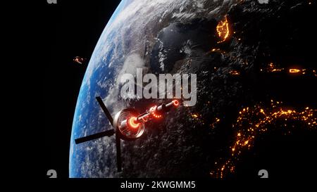 Science space ship floating above the earth among stars during the night for astronomy researching. Floating spaceship in the univers, shuttle into atmosphere. Images from NASA. Rendered 3D illustration Stock Photo