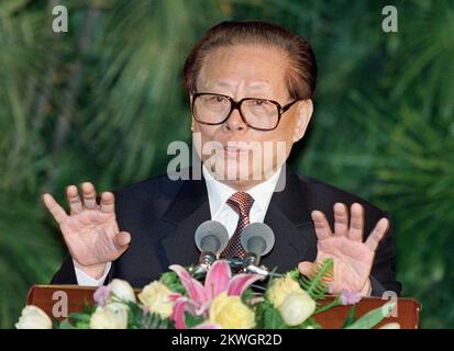 Chinese President Jiang Zemin during his joint press conference with the American President George W.Bush at the Great Hall of the People on the first day of the visit by the American President.  ***NOT FOR ADVERTISING USE*** Stock Photo