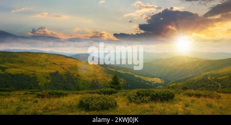 carpathian mountain range in summer at sunset. landscape with forested hills and grassy meadows rolling down in to the valley in evening light. travel Stock Photo