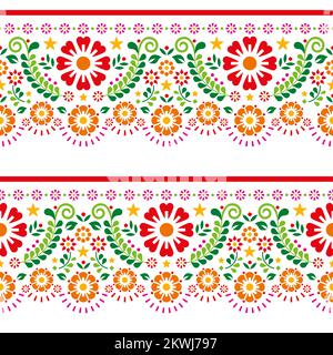 Mexican folk art style vector seamless pattern with flowers, leaves and geometric shapes, vibrant repetitive design perfect for wallpaper, textile or Stock Vector