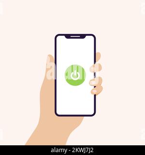 Hand holding smart phone in horizontal position banner. Concept of restart, turn on, power button. Vector illustration, flat design Stock Vector