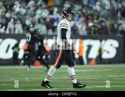 Chicago Bears quarterback Trevor Siemian (15) stands on the field during  the first half of an NFL football game against the Minnesota Vikings,  Sunday, Oct. 9, 2022, in Minneapolis. (AP Photo/Abbie Parr