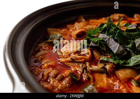 Beef Chitterlings Hotpot on White Background Stock Photo