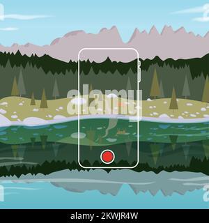 Hand holding smart phone in vertical position banner. Nature landscape behind. Mobile phone recording a wild nature scenery with a fawn. Vector Stock Vector