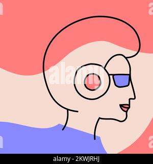 Man face line art with headphones and sunglasses. Male minimalist portrait with big hair. Musician performing poster. Hand drawn. Colorful vector Stock Vector
