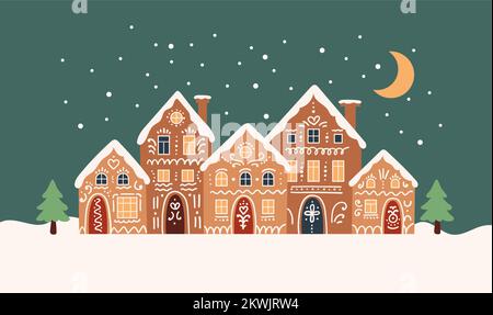 Gingerbread houses christmas scene. Cute vector illustration in flat ...
