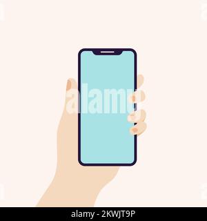 Hand holding smart phone in vertical position. Empty screen. Vector illustration, flat design Stock Vector