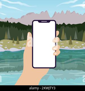 Hand holding smart phone in vertical position banner. Nature landscape behind. Empty screen. Vector illustration, flat design Stock Vector