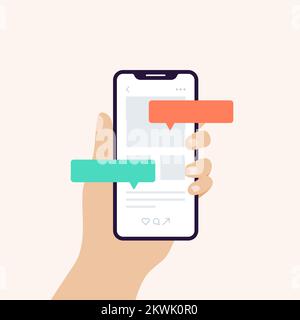 Hand holding smart phone in vertical position banner. Screen with speech bubbles and interface. Concept of chatting, user experience, comments. Vector Stock Vector