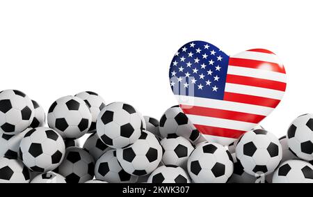 America flag heart with a soccer ball background. Football banner. 3D Rendering Stock Photo