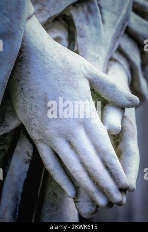 Faithfull Virgin Mary with praying hands and blessing, looking at the sky Stock Photo