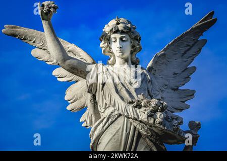 Faithfull Virgin Mary with praying hands and blessing, looking at the sky Stock Photo