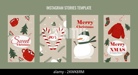 set of christmas templates for instagram coniferous twigs twigs with berries snowman in a hat warm sweater socks and cups with hot cocoa Stock Vector