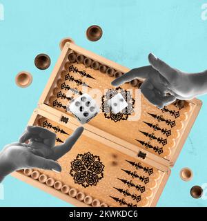 Contemporary art collage. Creative design. Popular game of backgammon. Online gambling games. Throwing dice. Stock Photo